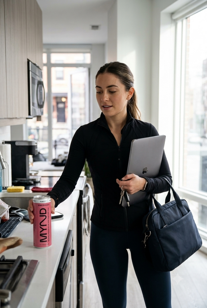 Woman grabbing a MYND sparkling protein drink on her way to work