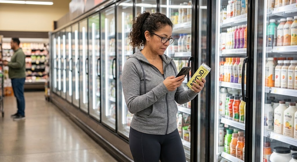 Woman reading a protein drink label in a grocery store cooler aisle