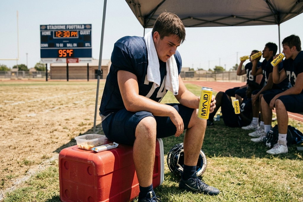 Young athlete drinking MYND sparkling protein water between two-a-day practices in summer heat