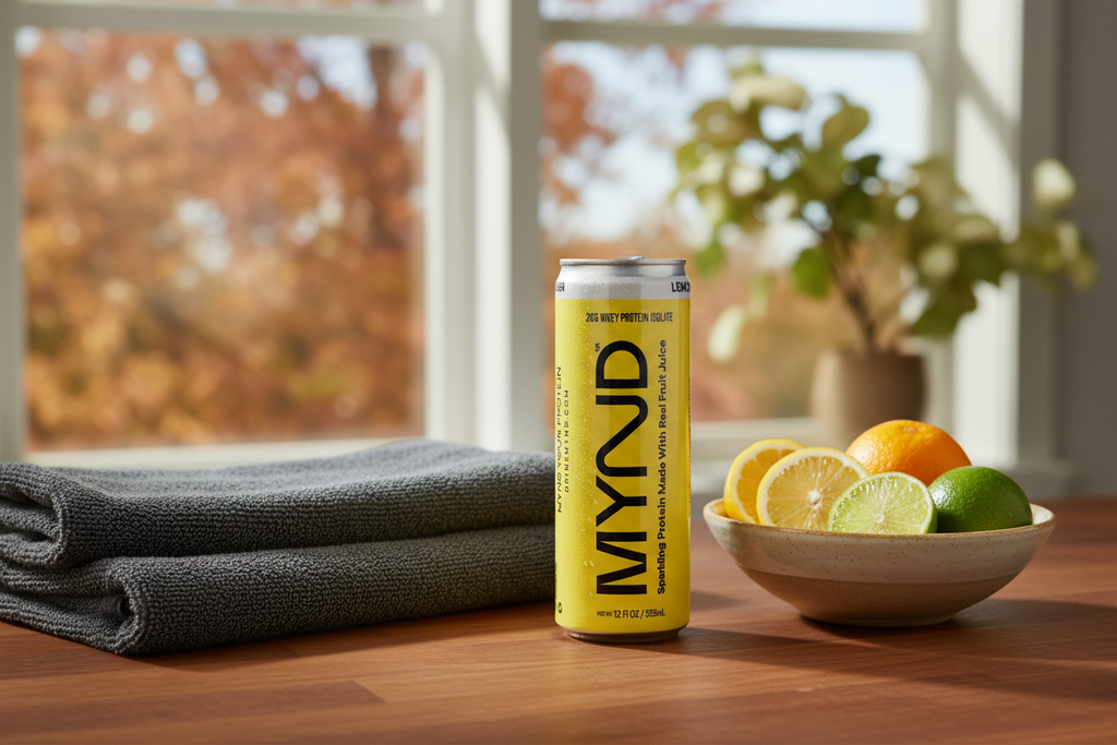 Chilled can of MYND Sparkling Protein Water on a kitchen counter in a warm fall setting.