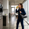 A woman in a navy blue suit walks through a modern kitchen and dining area while drinking from a yellow can labeled 'MYTH'. She carries a large black leather tote bag.
