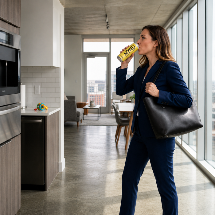 A woman in a navy blue suit walks through a modern kitchen and dining area while drinking from a yellow can labeled 'MYTH'. She carries a large black leather tote bag.