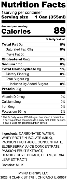 MYND Sparkling Protein Water – Elderberry Passionfruit (12-Pack)