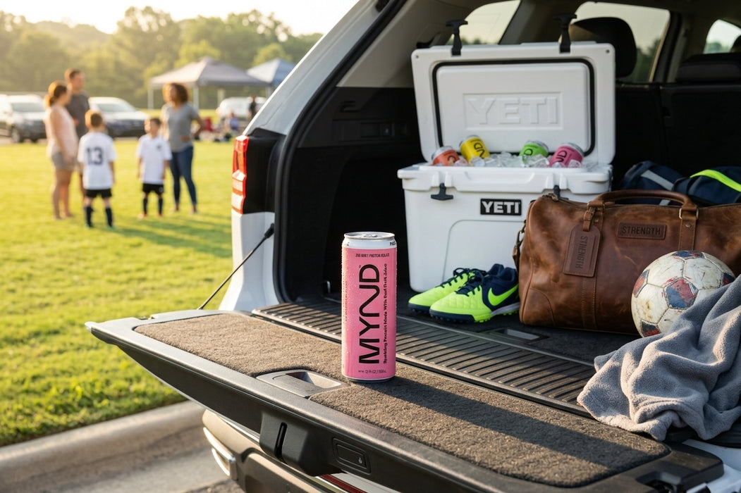 A pink MYND energy drink can stands on the open tailgate of a white SUV, with a white YETI cooler, brown leather bag, neon green sneakers, and a soccer ball nearby. The scene is set outdoors at a park or field with people blurred in the background during golden hour.