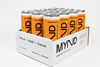 A white cardboard bulk carton filled with multiple cans of MYND Sparkling Protein Water. The cans have bright orange labels with a large black stylized '9' logo and text reading '20G WHEY PROTEIN GELATE'.