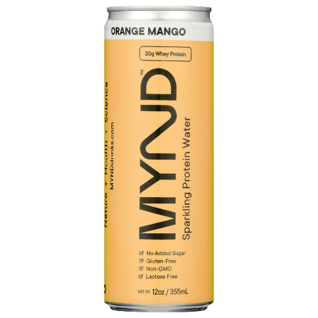 MYND Orange Mango sparkling protein water can on a white background
