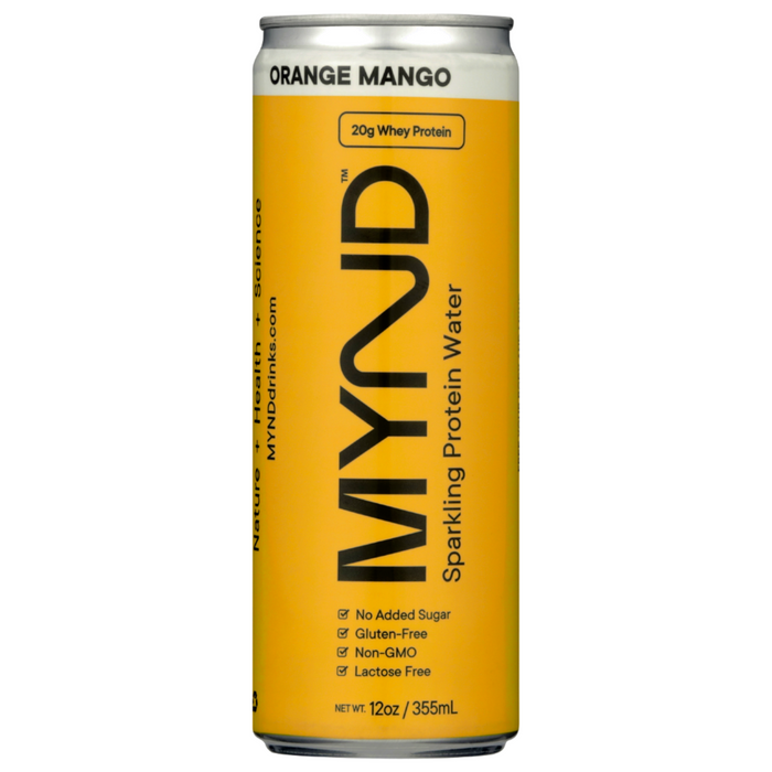 MYND Orange Mango sparkling protein water can on a white background