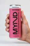 Hand holding a yellow can of MYND Pomegranate sparkling protein water with 20g whey protein isolate.
